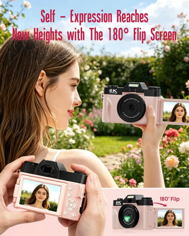 Alt view image 5 of 7 - 6K WiFi Flip Screen Digital Camera, Mic & Fill Light for Photography Compact Vlogging Camera for YouTube & Beginners, 16X Zoom Dual Lens with 64GB Card, Perfect for Content Creators,Pink
