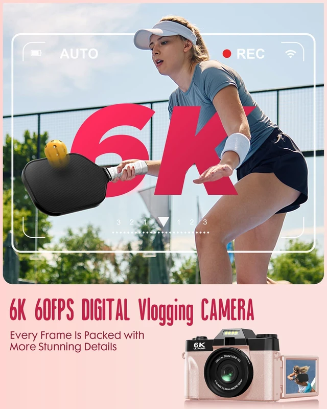 Alt view image 2 of 7 - 6K WiFi Flip Screen Digital Camera, Mic & Fill Light for Photography Compact Vlogging Camera for YouTube & Beginners, 16X Zoom Dual Lens with 64GB Card, Perfect for Content Creators,Pink