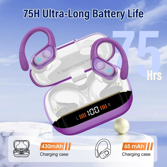 Alt view image 4 of 7 - Bluetooth 5.4 Headphones Wireless Earbuds Sports, 75Hrs Bass Hi-Fi Stereo Over Ear Buds with Earhook, ENC Noise Cancelling Headset, IP-X7 Waterproof Earphones for Running Workout Gym Android iOS