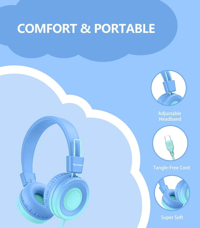 Alt view image 4 of 6 - USB Type C Kids Headphone for School, 94dB Safe Volume Limited, Foldable Stereo Sound Tangle-Free Type C Cord, On-Ear Headphones for Boys/Girls/Students/Tablet/Travel(Gradient Blue)