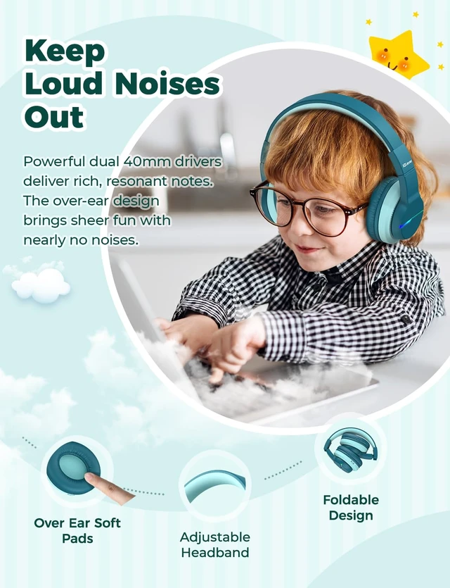 Alt view image 6 of 7 - BTH12 Kids Bluetooth Headphones 85H Playtime with LED Lights Travel SafeSound Tech, Stereo Sound, USB C Charging AUX Cable Over Ear Built-in Mic, Kids Wireless Headphones for Toddler Boys Girls