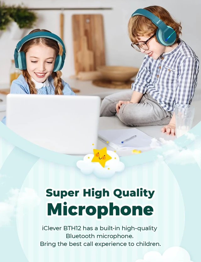 Alt view image 7 of 7 - BTH12 Kids Bluetooth Headphones 85H Playtime with LED Lights Travel SafeSound Tech, Stereo Sound, USB C Charging AUX Cable Over Ear Built-in Mic, Kids Wireless Headphones for Toddler Boys Girls