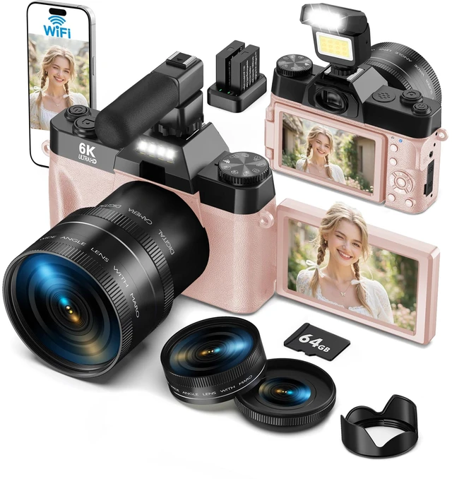 Main image of 6K WiFi Flip Screen Digital Camera, Mic & Fill Light for Photography Compact Vlogging Camera for YouTube & Beginners, 16X Zoom Dual Lens with 64GB Card, Perfect for Content Creators,Pink