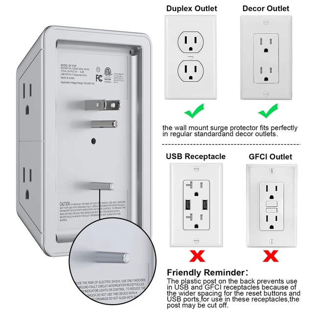 Alt view image 6 of 6 - Multi Plug Outlet Surge Protector, Outlet Extender with 5 Outlet and 4 USB Ports(2 USB C), 3-Sided Multiple-Plug Outlet Splitter Wall Charger for Home Travel Office,ETL Listed,Grey