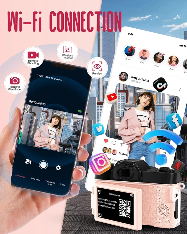 Alt view image 6 of 7 - 6K WiFi Flip Screen Digital Camera, Mic & Fill Light for Photography Compact Vlogging Camera for YouTube & Beginners, 16X Zoom Dual Lens with 64GB Card, Perfect for Content Creators,Pink