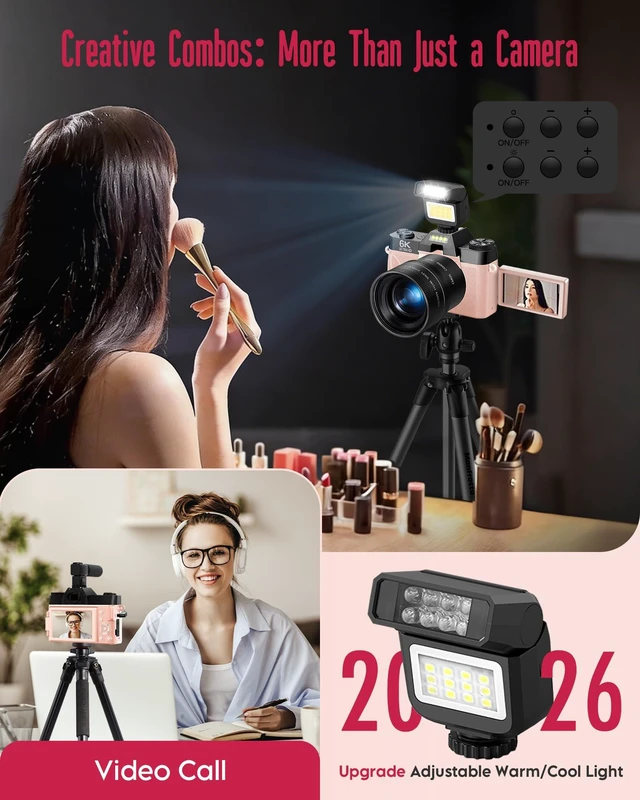 Alt view image 7 of 7 - 6K WiFi Flip Screen Digital Camera, Mic & Fill Light for Photography Compact Vlogging Camera for YouTube & Beginners, 16X Zoom Dual Lens with 64GB Card, Perfect for Content Creators,Pink