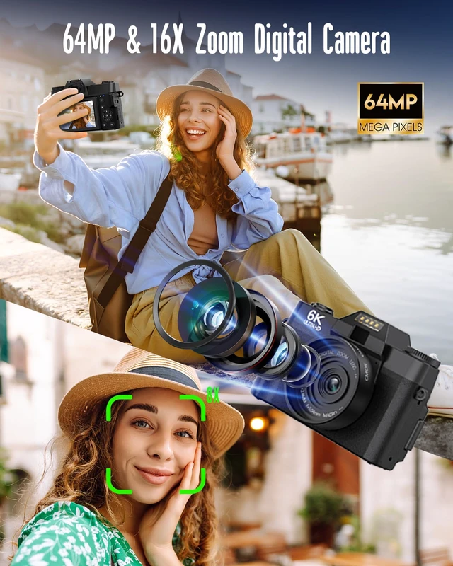 Alt view image 3 of 7 - 6K WiFi Flip Screen Digital Camera, Mic & Fill Light for Photography Compact Vlogging Camera for YouTube & Beginners, 16X Zoom Dual Lens with 64GB Card, Perfect for Content Creators,Black
