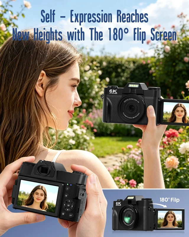 Alt view image 5 of 7 - 6K WiFi Flip Screen Digital Camera, Mic & Fill Light for Photography Compact Vlogging Camera for YouTube & Beginners, 16X Zoom Dual Lens with 64GB Card, Perfect for Content Creators,Black