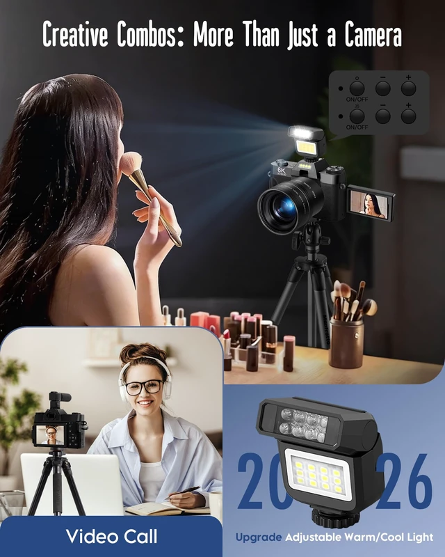 Alt view image 7 of 7 - 6K WiFi Flip Screen Digital Camera, Mic & Fill Light for Photography Compact Vlogging Camera for YouTube & Beginners, 16X Zoom Dual Lens with 64GB Card, Perfect for Content Creators,Black