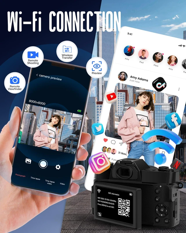 Alt view image 6 of 7 - 6K WiFi Flip Screen Digital Camera, Mic & Fill Light for Photography Compact Vlogging Camera for YouTube & Beginners, 16X Zoom Dual Lens with 64GB Card, Perfect for Content Creators,Black