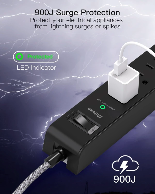 Alt view image 7 of 7 - 2 Pack Surge Protector Power Strip, Slim Flat Plug, Braided Extension Cord 5-Foot, 900 Joules, 6 Outlets 4 USB Ports, Wall Mount for Home Office Dorm