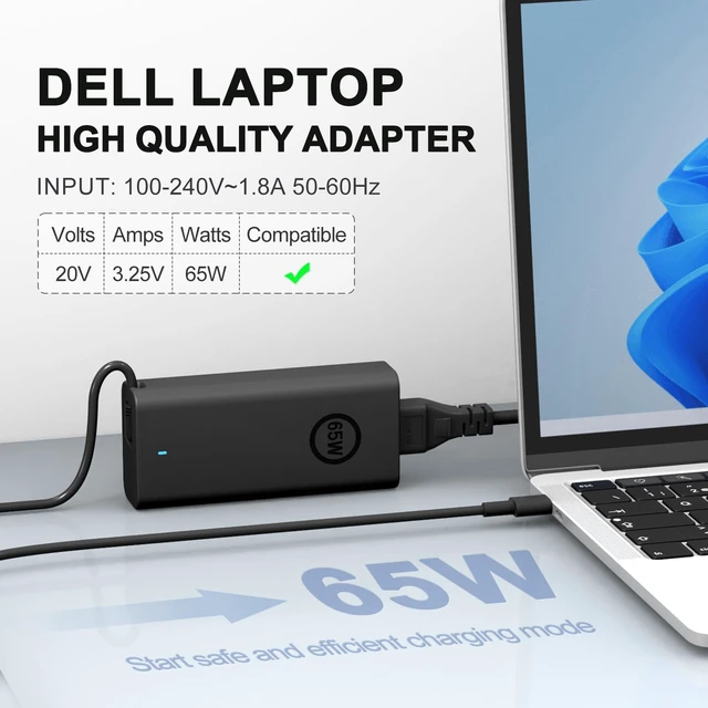 Alt view image 2 of 6 - 65W USB C for Dell Laptop Charger for Dell XPS Chromebook 3100 3400 5190 3110 2-in-1 and Dell Latitude 5000-5400 5410 5420 5430 3340 3440 3540 7340 7440 Type C Computer Adapter