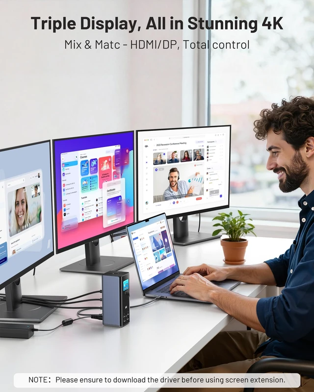 Alt view image 3 of 7 - Smart Display Docking Station 3 Monitors,150W PD for Mac(Driver Required) Triple 4K@60Hz,USB-C Dock 3 Displays,3HDMI+2DP,10Gbps USB,2.5G Ethernet & 150W PD, Working Status Display