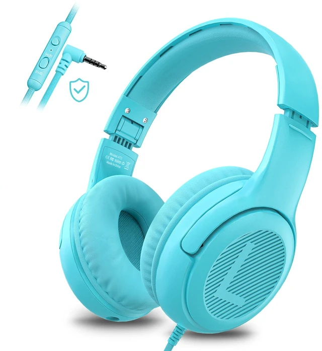 Main image of AT2 Kids Headphones for School Travel, 85/94dB Safe Volume Limit 3.5mm Jack, HD Mic, Portable Wired Headphone with Shareport, Stereo Sound On-Ear Headphones for Toddler Kids Girls Boys Blue