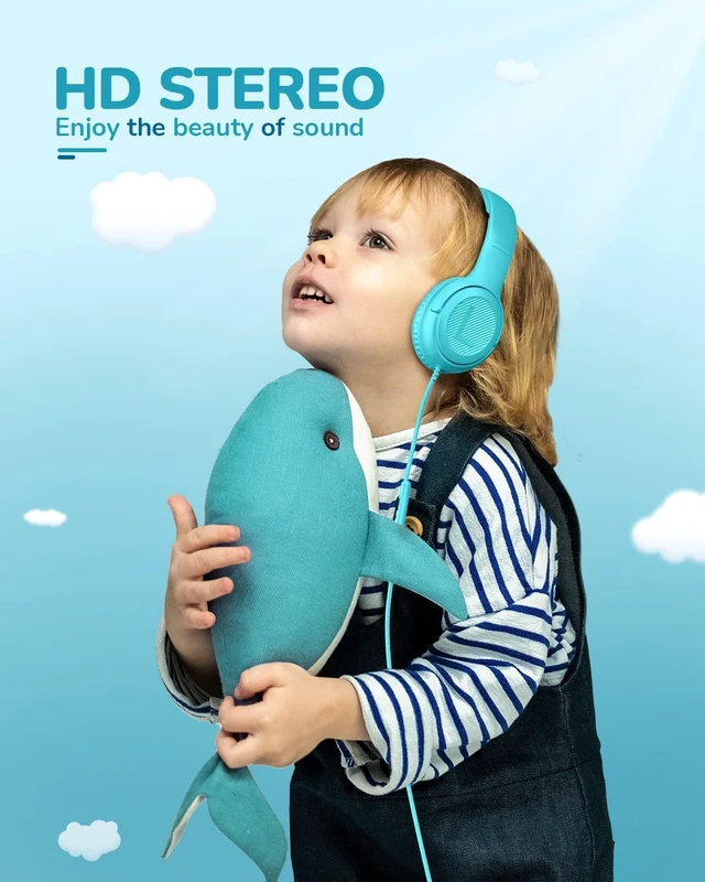 Alt view image 2 of 7 - AT2 Kids Headphones for School Travel, 85/94dB Safe Volume Limit 3.5mm Jack, HD Mic, Portable Wired Headphone with Shareport, Stereo Sound On-Ear Headphones for Toddler Kids Girls Boys Blue