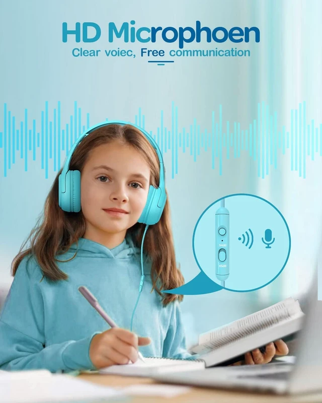 Alt view image 3 of 7 - AT2 Kids Headphones for School Travel, 85/94dB Safe Volume Limit 3.5mm Jack, HD Mic, Portable Wired Headphone with Shareport, Stereo Sound On-Ear Headphones for Toddler Kids Girls Boys Blue