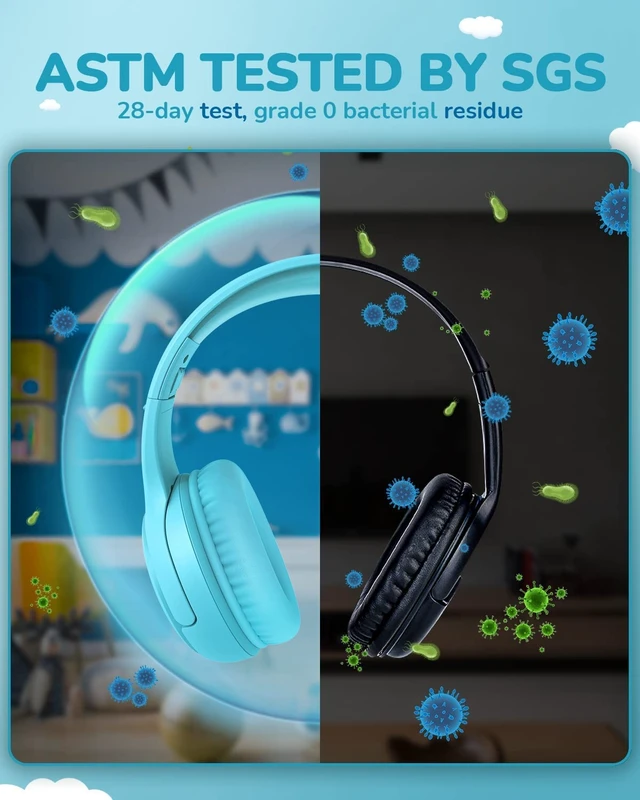 Alt view image 5 of 7 - AT2 Kids Headphones for School Travel, 85/94dB Safe Volume Limit 3.5mm Jack, HD Mic, Portable Wired Headphone with Shareport, Stereo Sound On-Ear Headphones for Toddler Kids Girls Boys Blue