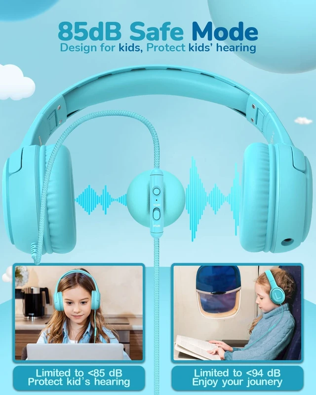 Alt view image 4 of 7 - AT2 Kids Headphones for School Travel, 85/94dB Safe Volume Limit 3.5mm Jack, HD Mic, Portable Wired Headphone with Shareport, Stereo Sound On-Ear Headphones for Toddler Kids Girls Boys Blue