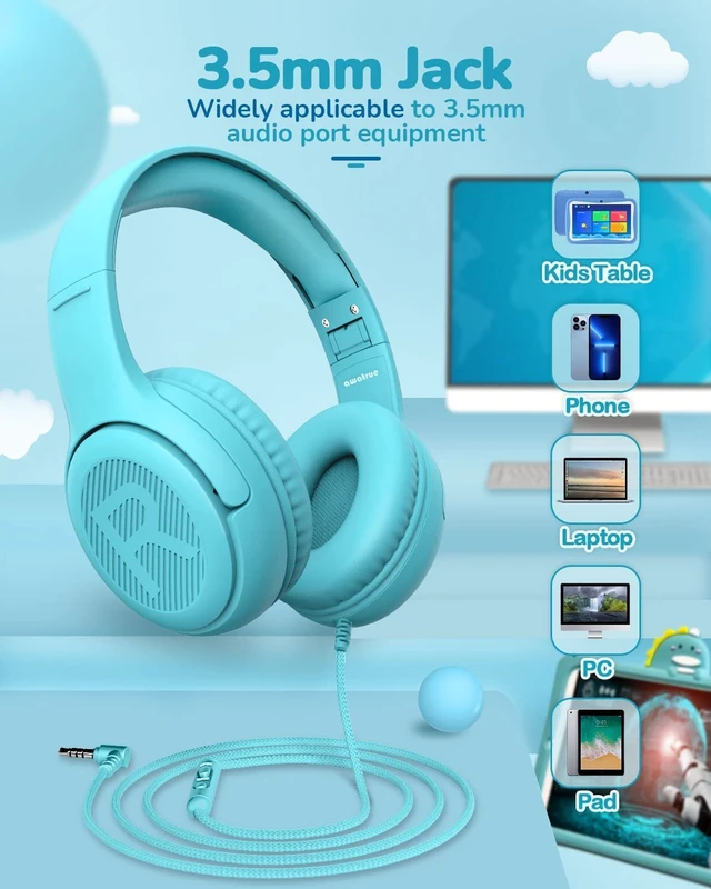 Alt view image 6 of 7 - AT2 Kids Headphones for School Travel, 85/94dB Safe Volume Limit 3.5mm Jack, HD Mic, Portable Wired Headphone with Shareport, Stereo Sound On-Ear Headphones for Toddler Kids Girls Boys Blue