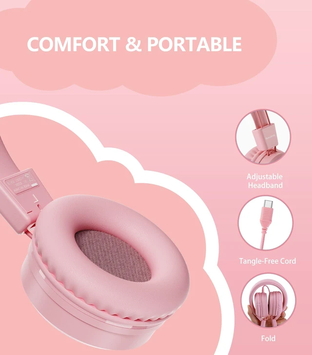 Alt view image 6 of 7 - Upgrade USB Type C Kids Headphone for School, 94dB Safe Volume Limited, HD Stereo Sound, Foldable Lightweight On-Ear Headphones for Boys/Girls/Students/Tablet/Travel(Light Pink)