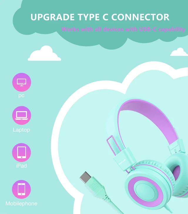 Alt view image 2 of 7 - Upgrade USB Type C Kids Headphone for School, 94dB Safe Volume Limited, HD Stereo Sound, Foldable Lightweight On-Ear Headphones for Boys/Girls/Students/Tablet/Travel(Mint Green)