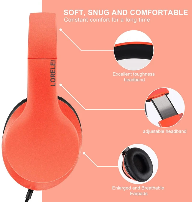 Alt view image 4 of 6 - X6 Over-Ear Headphones with Microphone, Lightweight Foldable & Portable Stereo Bass Headphones with 1.45M No-Tangle,Wired Headphones for Smartphone Tablet MP3 / 4 (Vitality Orange)