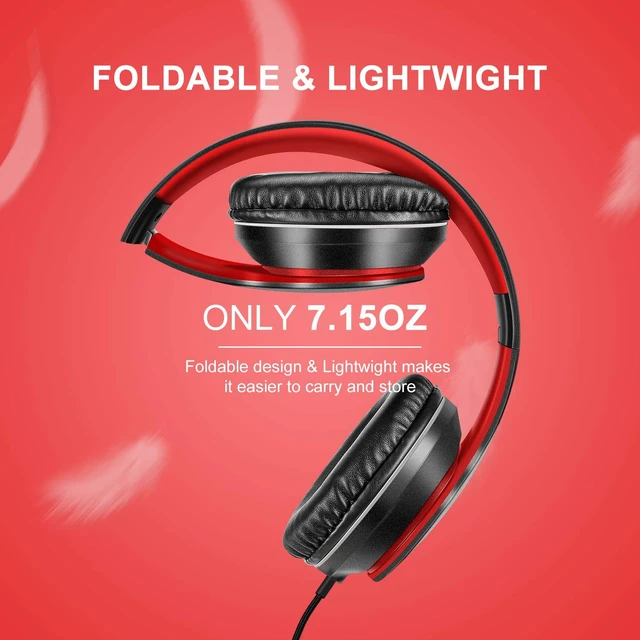 Alt view image 3 of 6 - X6 Over-Ear Headphones with Microphone, Lightweight Foldable & Portable Stereo Bass Headphones with 1.45M No-Tangle,Wired Headphones for Smartphone Tablet MP3 / 4 (Black-Red)