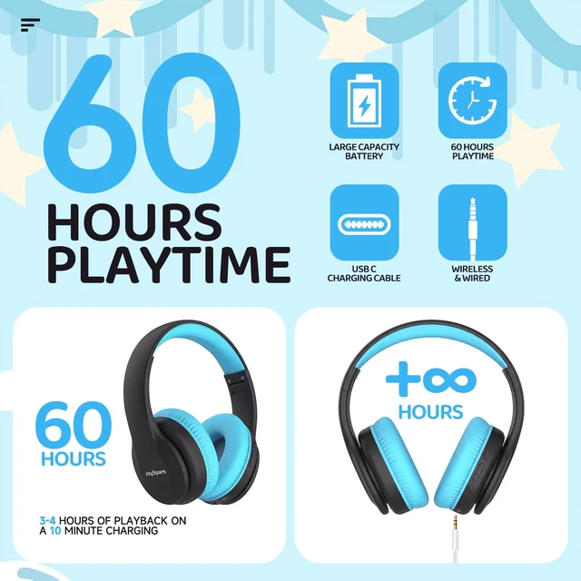 Alt view image 4 of 7 - Kids Bluetooth Headphones Over-Ear, 60Hrs, Built-in Mic-Black Blue 85/94dB Volume Limited, Bluetooth 5.3, Stereo Sound, Lightweight Wireless Headphones for Kids Toddler Travel School