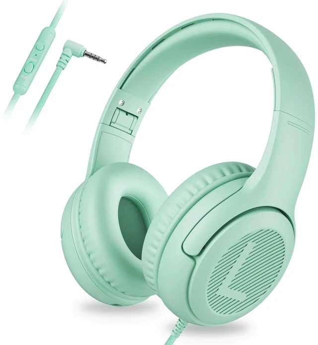Main image of AT2 Kids Headphones for School Travel, 85/94dB Safe Volume Limit 3.5mm Jack, HD Mic, Portable Wired Headphone with Shareport, Stereo Sound On-Ear Headphones for Toddler Kids Girls Boys Green