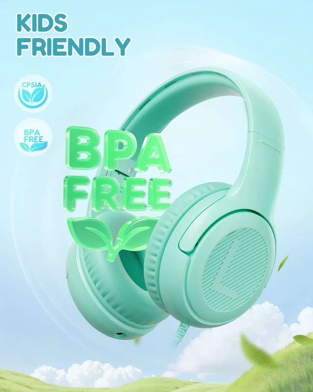 Alt view image 3 of 6 - AT2 Kids Headphones for School Travel, 85/94dB Safe Volume Limit 3.5mm Jack, HD Mic, Portable Wired Headphone with Shareport, Stereo Sound On-Ear Headphones for Toddler Kids Girls Boys Green