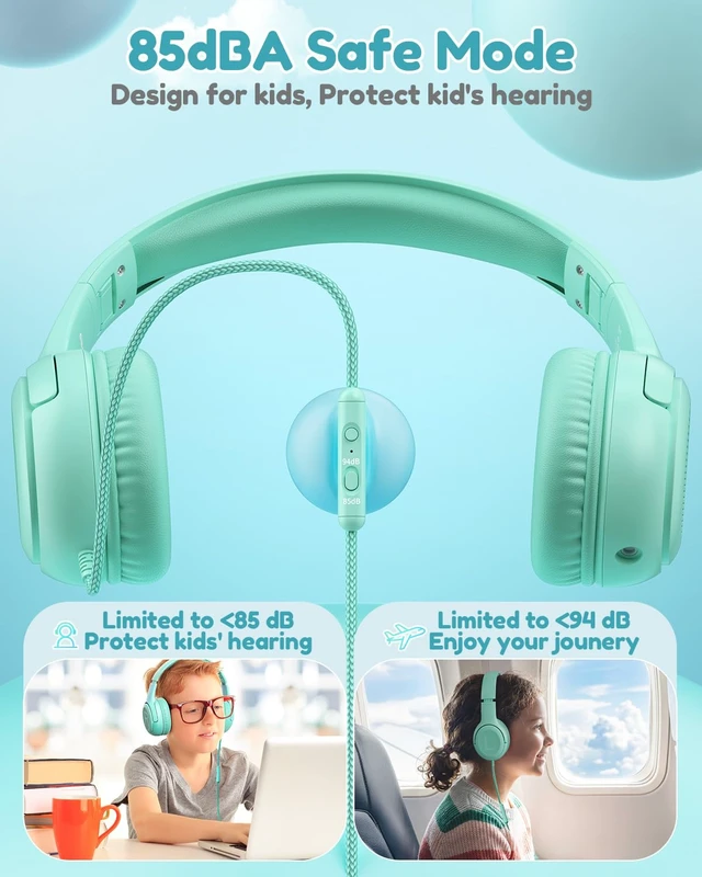 Alt view image 2 of 6 - AT2 Kids Headphones for School Travel, 85/94dB Safe Volume Limit 3.5mm Jack, HD Mic, Portable Wired Headphone with Shareport, Stereo Sound On-Ear Headphones for Toddler Kids Girls Boys Green