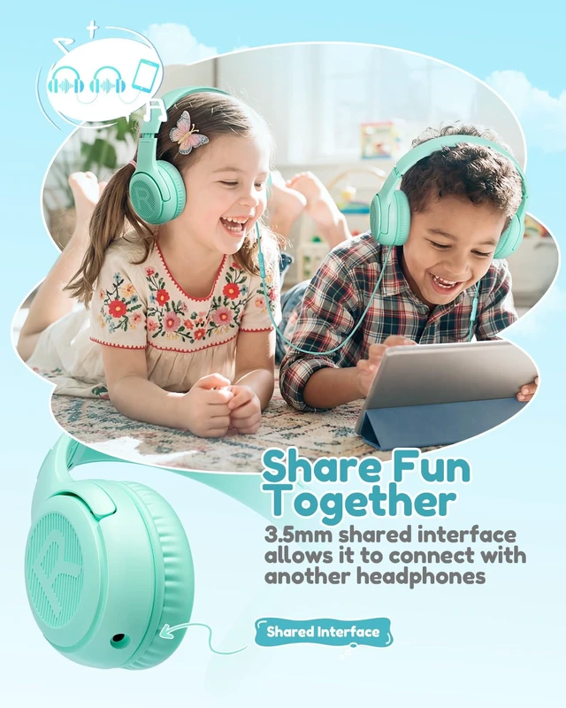Alt view image 4 of 6 - AT2 Kids Headphones for School Travel, 85/94dB Safe Volume Limit 3.5mm Jack, HD Mic, Portable Wired Headphone with Shareport, Stereo Sound On-Ear Headphones for Toddler Kids Girls Boys Green