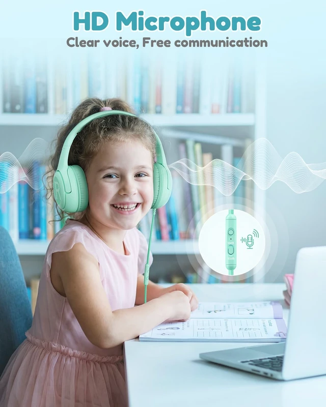 Alt view image 5 of 6 - AT2 Kids Headphones for School Travel, 85/94dB Safe Volume Limit 3.5mm Jack, HD Mic, Portable Wired Headphone with Shareport, Stereo Sound On-Ear Headphones for Toddler Kids Girls Boys Green