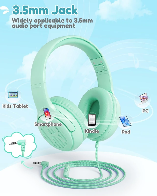 Alt view image 6 of 6 - AT2 Kids Headphones for School Travel, 85/94dB Safe Volume Limit 3.5mm Jack, HD Mic, Portable Wired Headphone with Shareport, Stereo Sound On-Ear Headphones for Toddler Kids Girls Boys Green