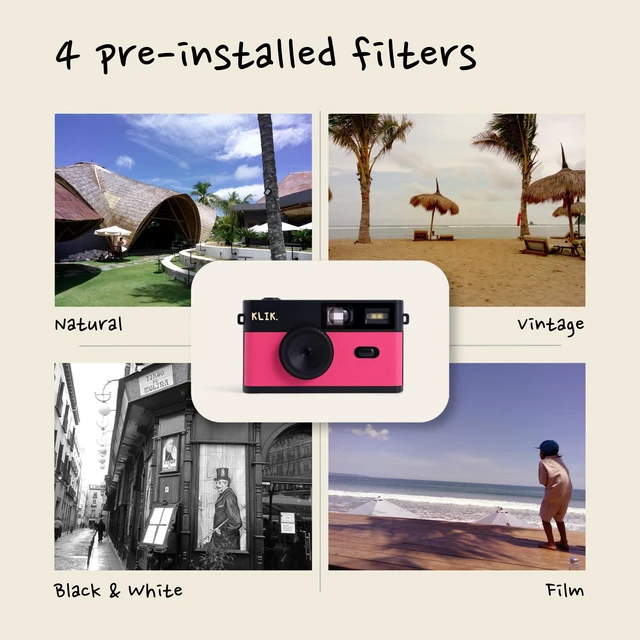 Alt view image 2 of 7 - Screen-Free Digital Camera Stay Present & Capture Retro Photos 3 Vintage Film-Style Filters, 500 Shots Per Charge, Built-in Flash, USB-C Photo Transfer, Rechargeable (Pink)