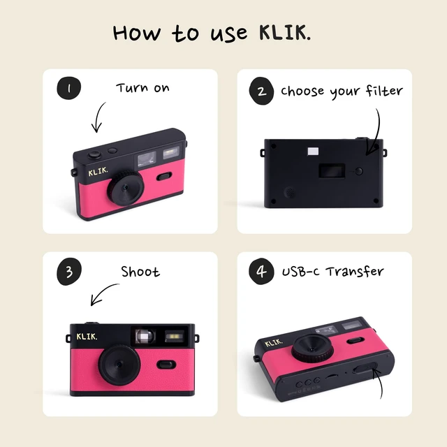 Alt view image 5 of 7 - Screen-Free Digital Camera Stay Present & Capture Retro Photos 3 Vintage Film-Style Filters, 500 Shots Per Charge, Built-in Flash, USB-C Photo Transfer, Rechargeable (Pink)