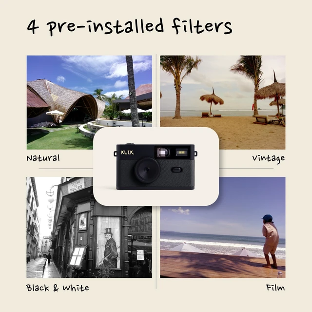Alt view image 2 of 7 - Klik Screen-Free Digital Camera | Stay Present & Capture Retro Photos | 3 Vintage Film-Style Filters, 500 Shots Per Charge, Built-in Flash, USB-C Photo Transfer, Rechargeable (Black)