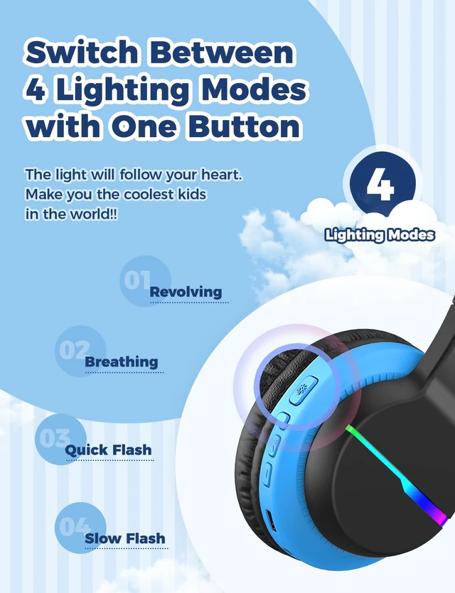Alt view image 2 of 7 - BTH12 Kids Bluetooth Headphones 85H Playtime with LED Lights Travel SafeSound Tech, Stereo Sound, USB C Charging AUX Cable Over Ear Built-in Mic, Kids Wireless Headphones for Toddler Boys Girls
