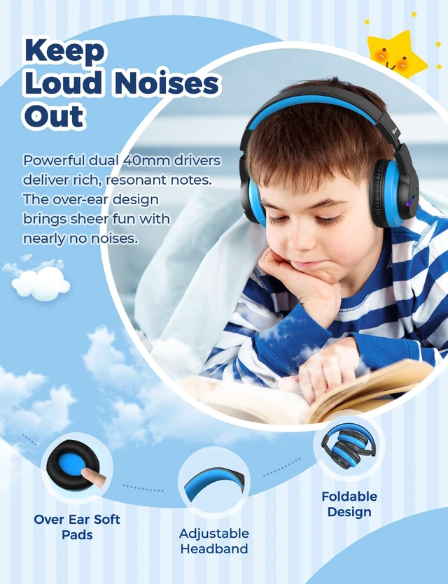 Alt view image 6 of 7 - BTH12 Kids Bluetooth Headphones 85H Playtime with LED Lights Travel SafeSound Tech, Stereo Sound, USB C Charging AUX Cable Over Ear Built-in Mic, Kids Wireless Headphones for Toddler Boys Girls