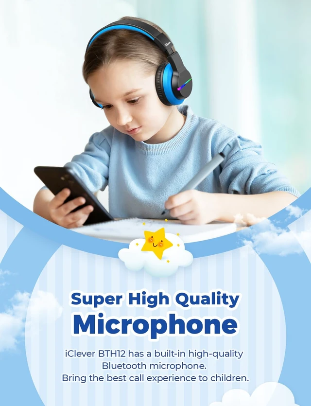 Alt view image 7 of 7 - BTH12 Kids Bluetooth Headphones 85H Playtime with LED Lights Travel SafeSound Tech, Stereo Sound, USB C Charging AUX Cable Over Ear Built-in Mic, Kids Wireless Headphones for Toddler Boys Girls