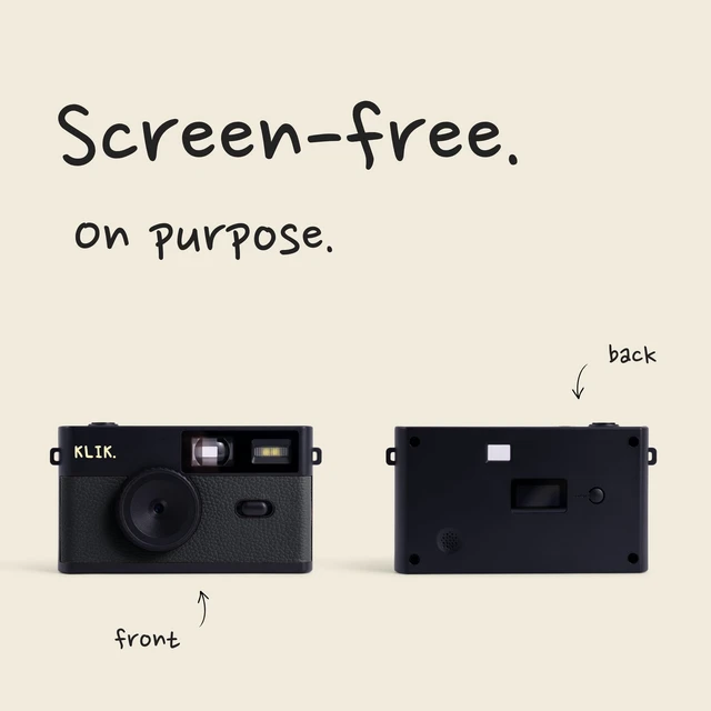 Alt view image 3 of 7 - Klik Screen-Free Digital Camera | Stay Present & Capture Retro Photos | 3 Vintage Film-Style Filters, 500 Shots Per Charge, Built-in Flash, USB-C Photo Transfer, Rechargeable (Black)