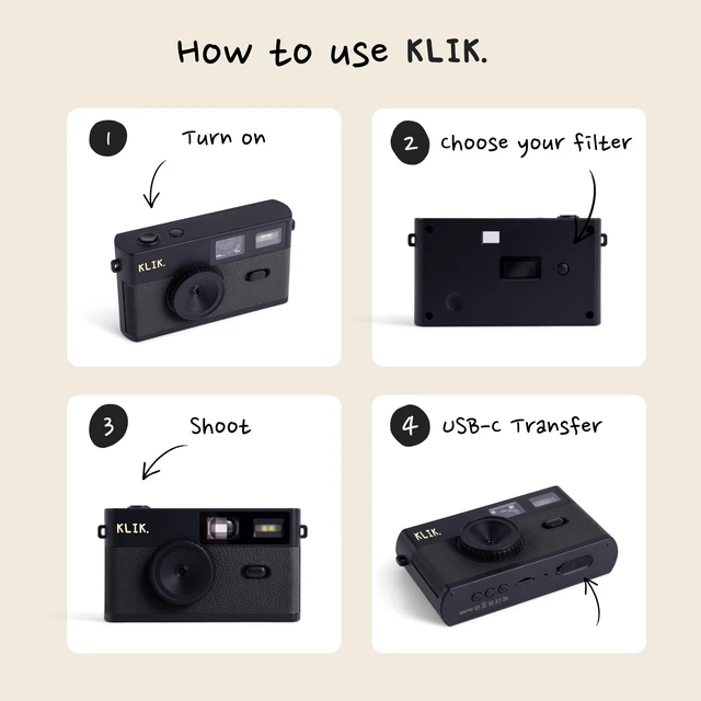 Alt view image 5 of 7 - Klik Screen-Free Digital Camera | Stay Present & Capture Retro Photos | 3 Vintage Film-Style Filters, 500 Shots Per Charge, Built-in Flash, USB-C Photo Transfer, Rechargeable (Black)