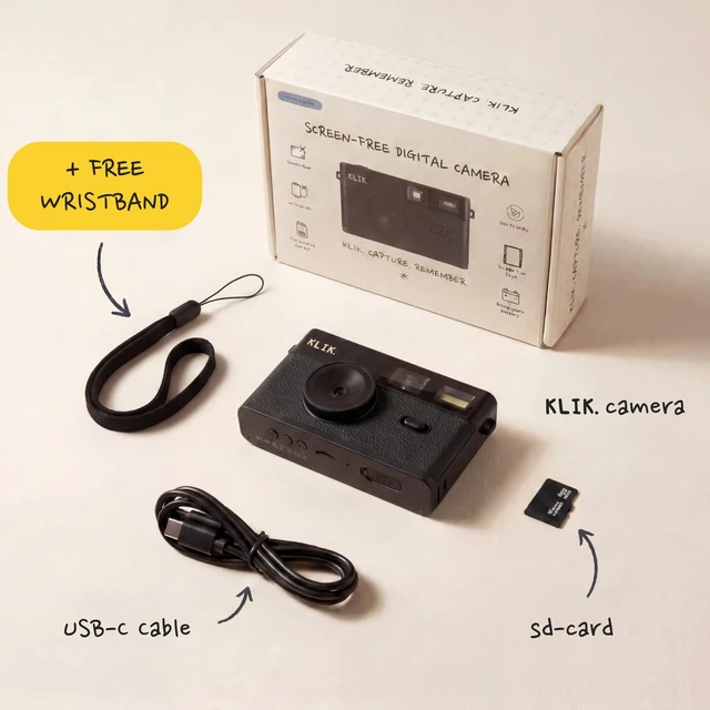 Alt view image 7 of 7 - Klik Screen-Free Digital Camera | Stay Present & Capture Retro Photos | 3 Vintage Film-Style Filters, 500 Shots Per Charge, Built-in Flash, USB-C Photo Transfer, Rechargeable (Black)