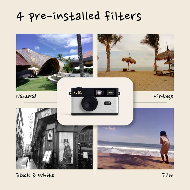 Alt view image 2 of 7 - Screen-Free Digital Camera Stay Present & Capture Retro Photos 3 Vintage Film-Style Filters, 500 Shots Per Charge, Built-in Flash, USB-C Photo Transfer, Rechargeable (White)