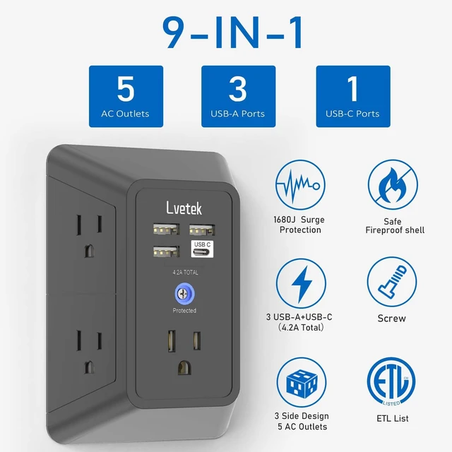 Alt view image 2 of 6 - Surge Protector Outlet with 5-Multi Plug Outlet and 4 USB Ports (1 USB C), 3-Sided 1680J Power Strip Wall Charger for Home, Travel, Office - ETL Listed, Black