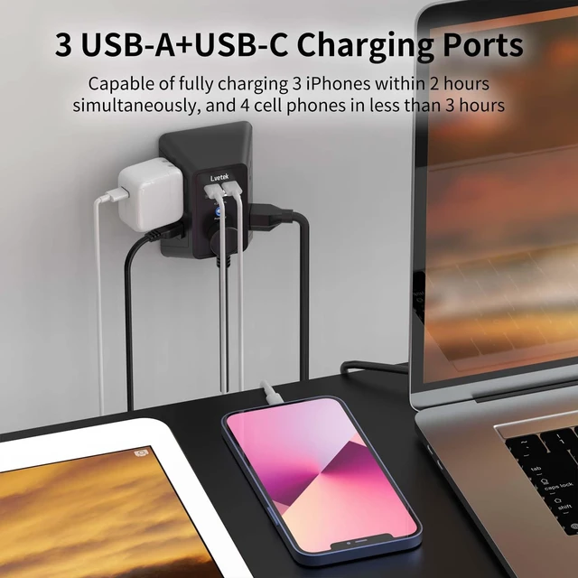 Alt view image 3 of 6 - Surge Protector Outlet with 5-Multi Plug Outlet and 4 USB Ports (1 USB C), 3-Sided 1680J Power Strip Wall Charger for Home, Travel, Office - ETL Listed, Black