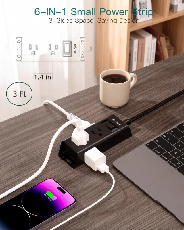 Alt view image 3 of 7 - Flat Plug Power Strip with 6 Outlet Extender, 3 FT Extension Cord Flat Wall Plug with Multiple Outlets, No Surge Protector for Cruise Ship, Travel, Dorm, Home Office, Cruise Essentials, Black