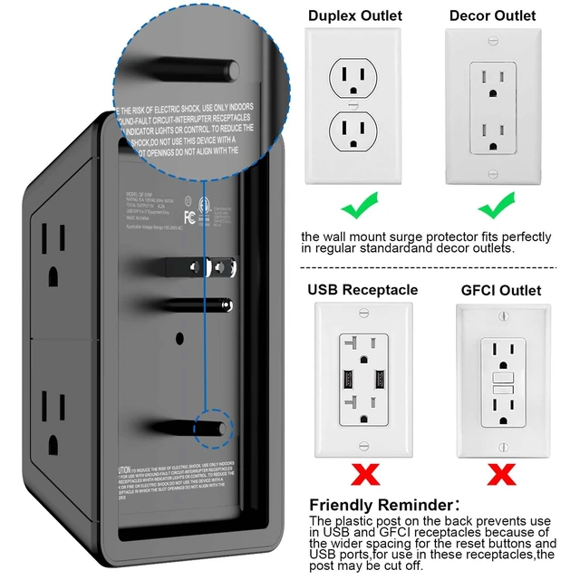 Alt view image 5 of 6 - Surge Protector Outlet with 5-Multi Plug Outlet and 4 USB Ports (1 USB C), 3-Sided 1680J Power Strip Wall Charger for Home, Travel, Office - ETL Listed, Black