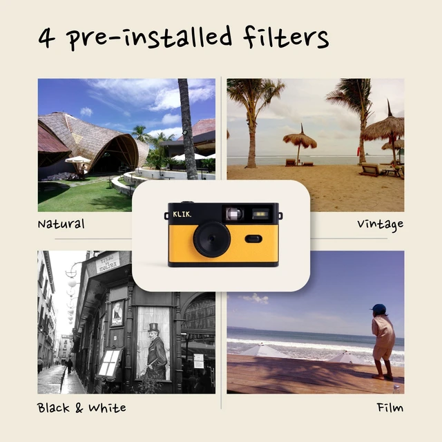 Alt view image 2 of 7 - Screen-Free Digital Camera Stay Present & Capture Retro Photos 3 Vintage Film-Style Filters, 500 Shots Per Charge, Built-in Flash, USB-C Photo Transfer, Rechargeable (Yellow)