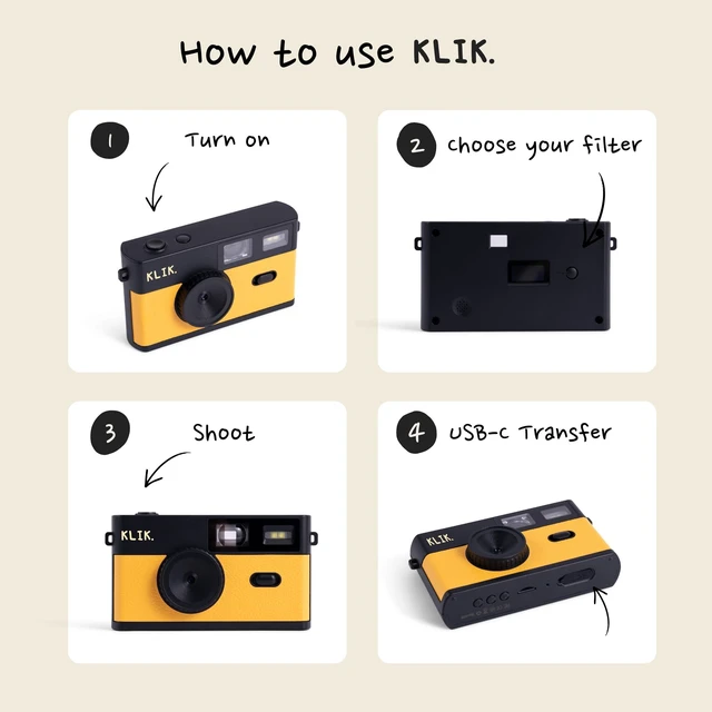 Alt view image 5 of 7 - Screen-Free Digital Camera Stay Present & Capture Retro Photos 3 Vintage Film-Style Filters, 500 Shots Per Charge, Built-in Flash, USB-C Photo Transfer, Rechargeable (Yellow)